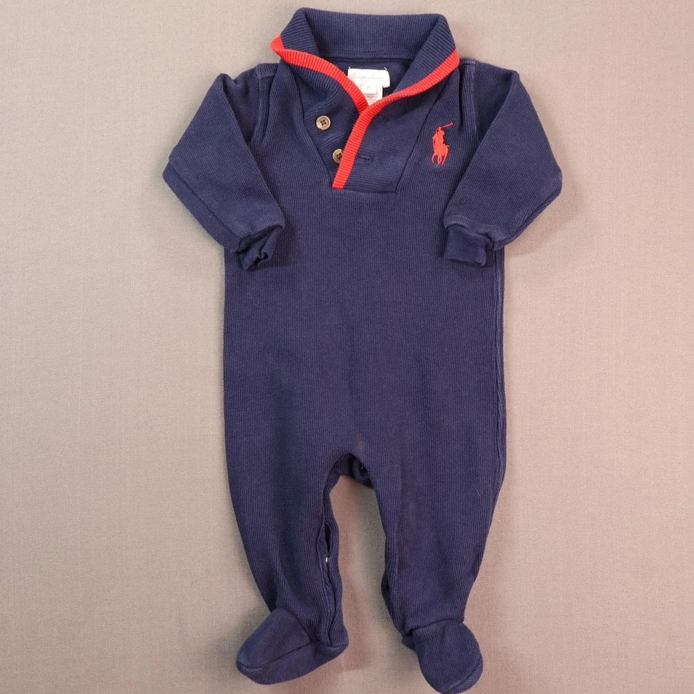 Ralph Lauren Coverall Boys 3-6M Blue Knit Collared Footed One Piece Polo Logo